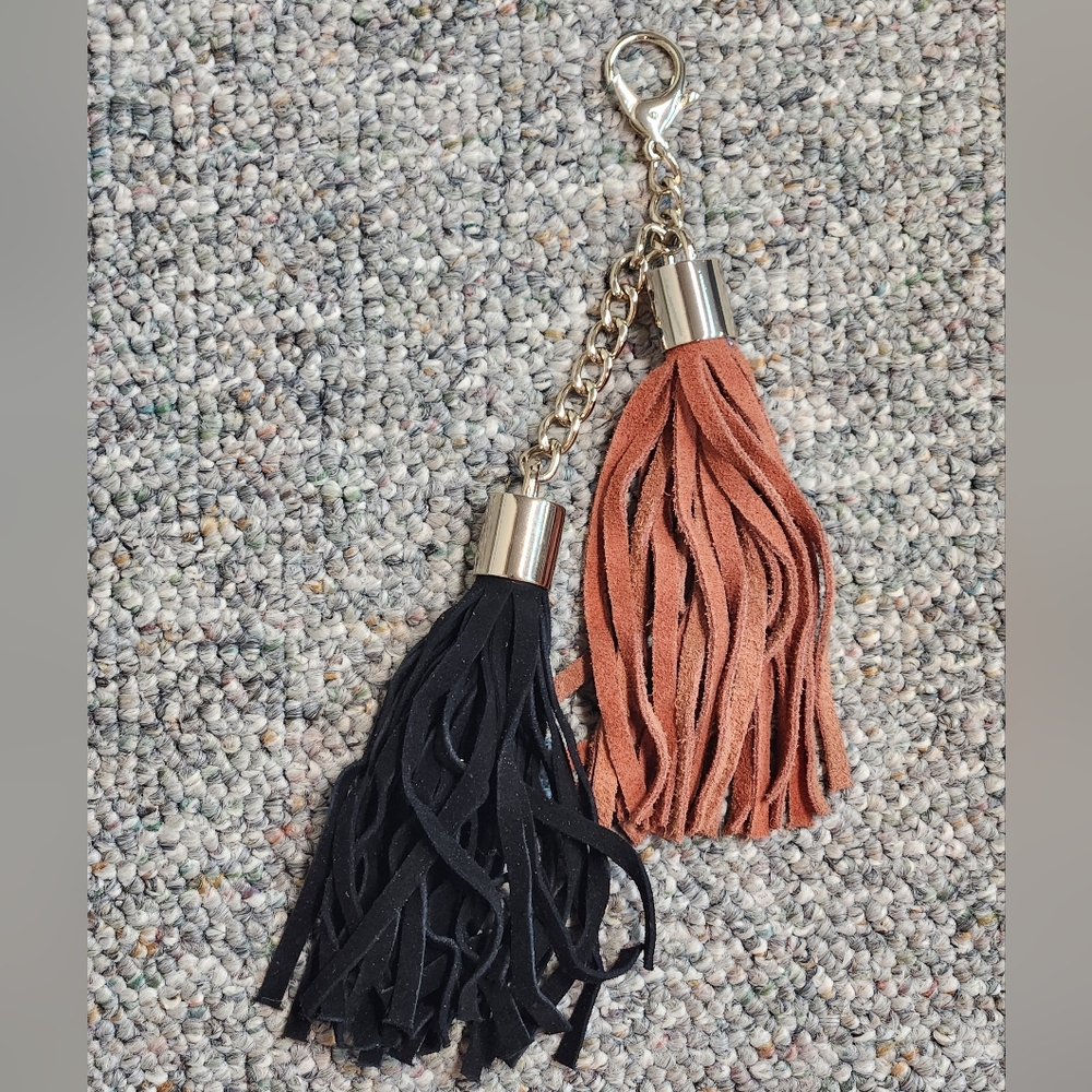 Anthropologie Boho Chestnut/Black Suede Double Tassel Purse Charm RARE